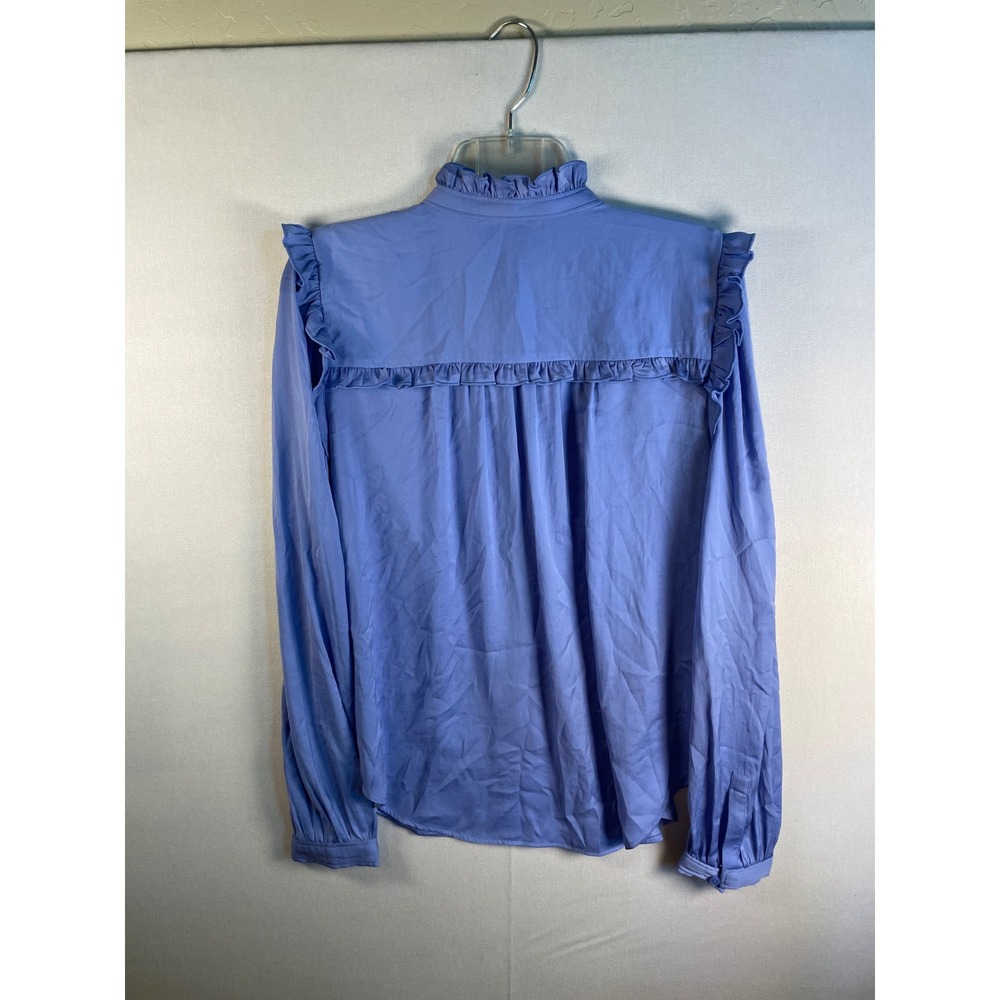 Ann Taylor Periwinkle Blue Ruffle High Neck Button Down Blouse Womens Medium M - Picture 3 of 7